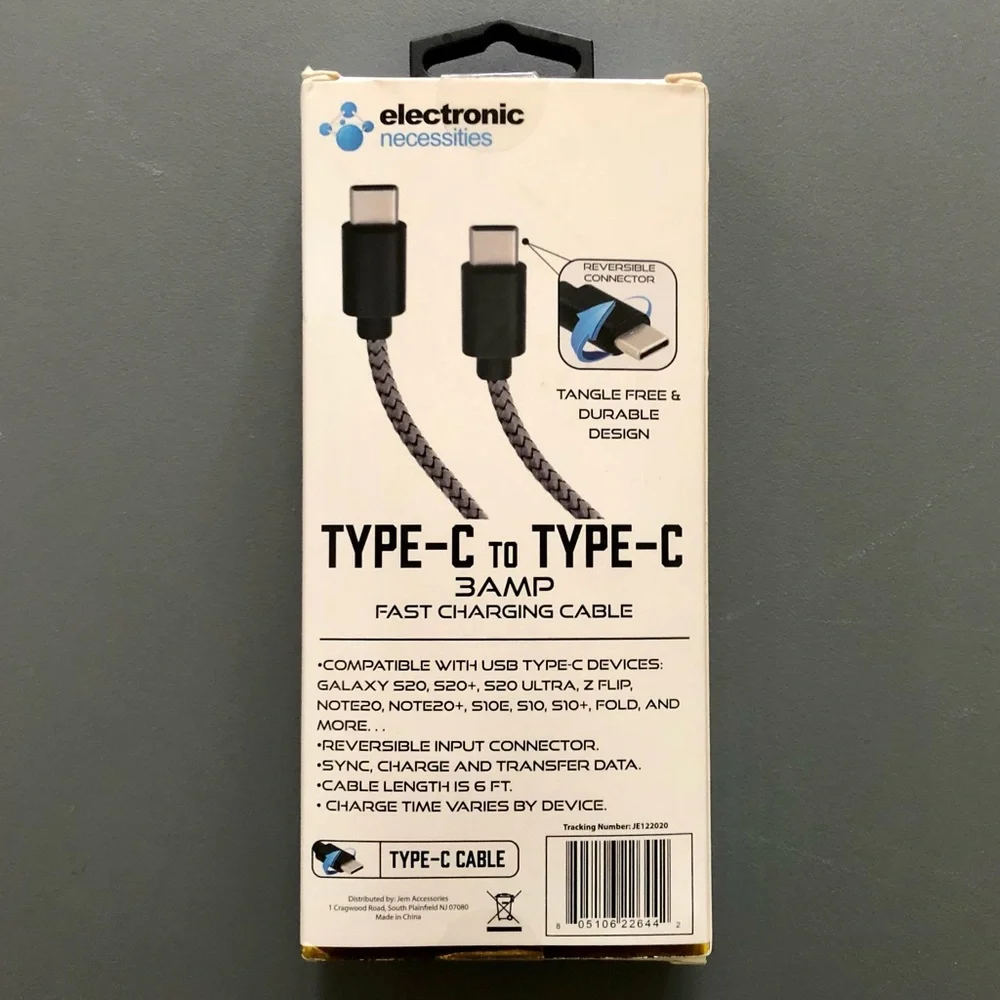 Electronic Necessities Type C to Type C 6 ft. Braided Charging Cable NWT